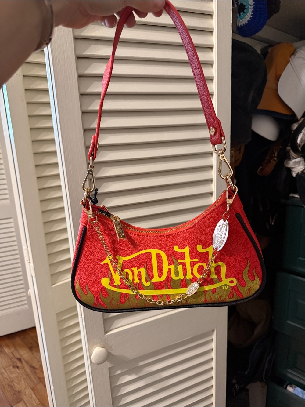 Von Dutch Red Shoulder Bag with Yellow Flame Logo